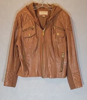 MICHAEL Michael Kors Women XL Brown Genuine Leather Hooded Quilted Moto Jacket